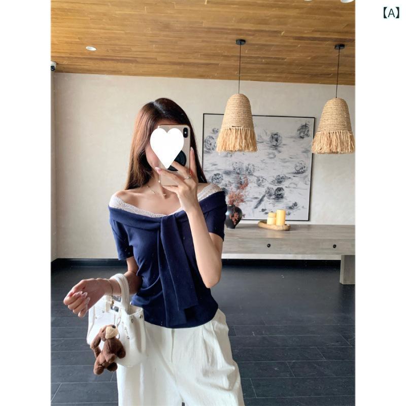 Tシャツ レディース カットソー 半袖 トップス 異素材 切り替え 不規則 レース レイヤード風 重ね着風 假ニ件 ラウンドネック クルーネック プルオーバー ゆったり 体型カバー 着痩せ 細見え ぽっちゃり カジュアル フェミニン 韓国風 春夏