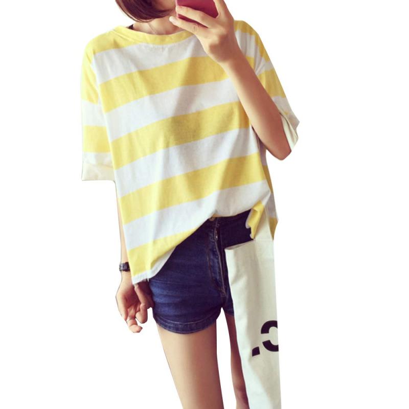 [JFashion] 夏 丸首 Tシャツ ボーダー ストライプ おしゃれ レディース 半袖 ゆったり トップス 可愛い 大きいサイズ 体型カバー 着痩せ効果 上着 カジュアル 通学 スポーツ用