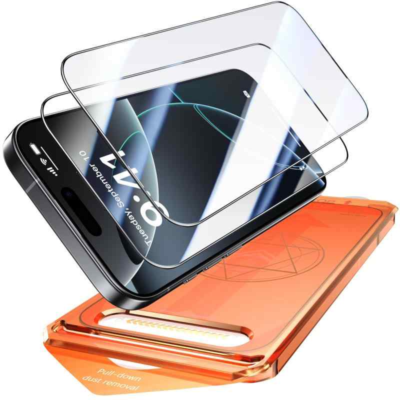 Seaqinhey 対応 iPhone ガラスフィルム 2枚セット ガイド枠一体式 自動吸着 いphone 保護フィルム 超鮮明な画質 高光沢 9H硬度 アイフォン 用 フィルム 黒縁あり 6.9インチ
