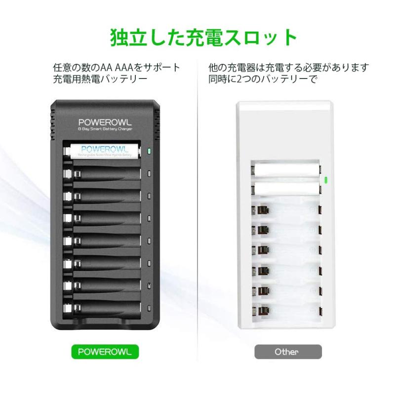 POWEROWL 充電式 単4電池 プロ 8スロット充電器付き 高容量 1100mAh プレミアム 単4ニッケル水素 電池 - 2