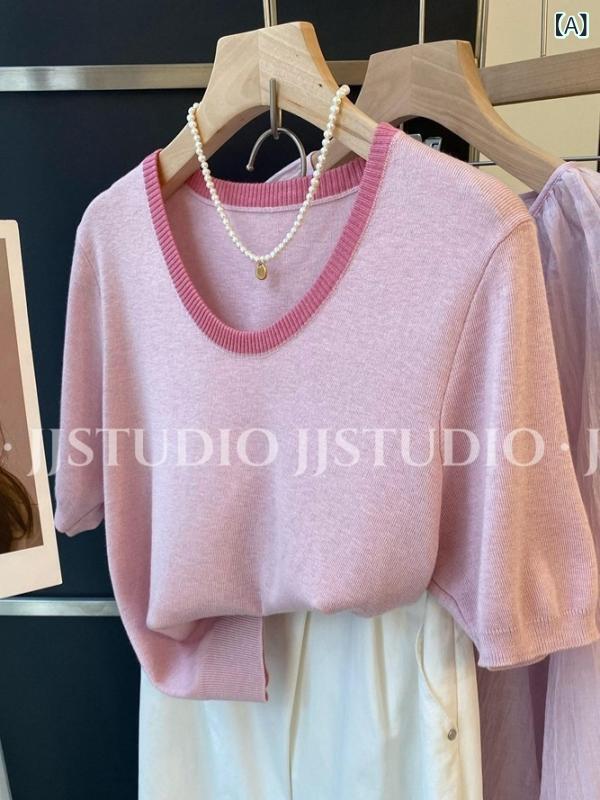 Tシャツ レディース 半袖 トップス 接触冷感 ニット 春夏 きれいめ 法式 小さめ デザイン 高級感 肩幅 putera-10454161 GRATIQUE MIEI サンプル画像2