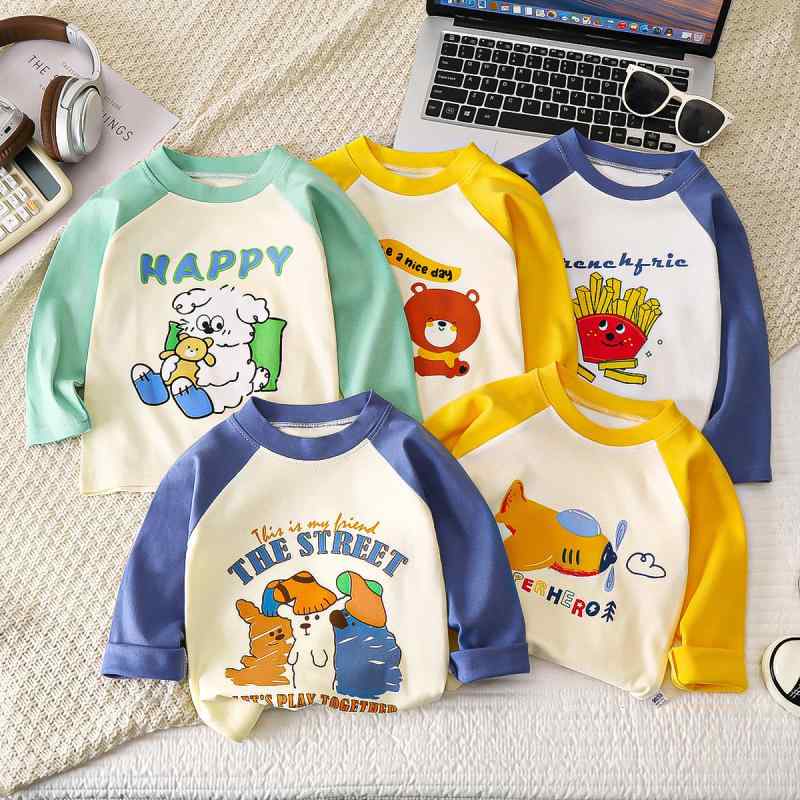 ・カテゴリ: キッズTシャツ・スタイル: 韓国風・性別: ユニセックス・袖丈: 長袖・対象年齢: 3～8歳（身長100～140cm）・生地加工: ソフト加工・柄: 動物、ボーダー、キャラクター、抽象柄・デザイン要素: キャラクター、可愛い、プリント、トレンド、キャンディカラー・主な素材: 綿100%・安全基準: A類・ネックライン: クルーネック・機能: 保暖性・サイズ展開: 73cm、80cm、90cm、100cm、110cm、120cm、130cm