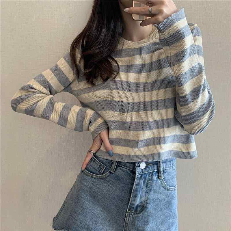 Tシャツ カットソー トップス レディース 春 春秋 長袖 ボーダー しましま ストライプ 縞模様 リブ ニット セーター プルオーバー クルーネック 丸首 ショート丈 短め チュニック ゆるめ ルーズ 抜け感 楽ちん