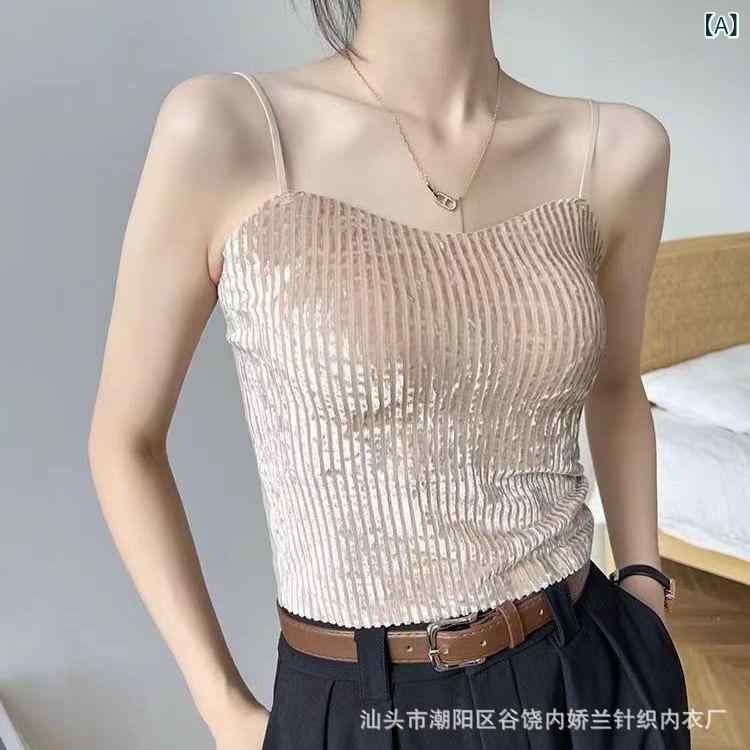 ・カテゴリ: キャミソール・素材: 金糸ベルベット、レーヨン（80%-90%）・カラー展開: アプリコット、ホワイト、ブラック・サイズ展開: フリーサイズ（推奨体重37.5-62.5kg）・デザイン: スポンジパッド付き・ネックライン: ストレートネック・生地の厚さ: 普通（141-160g/平方メートル）