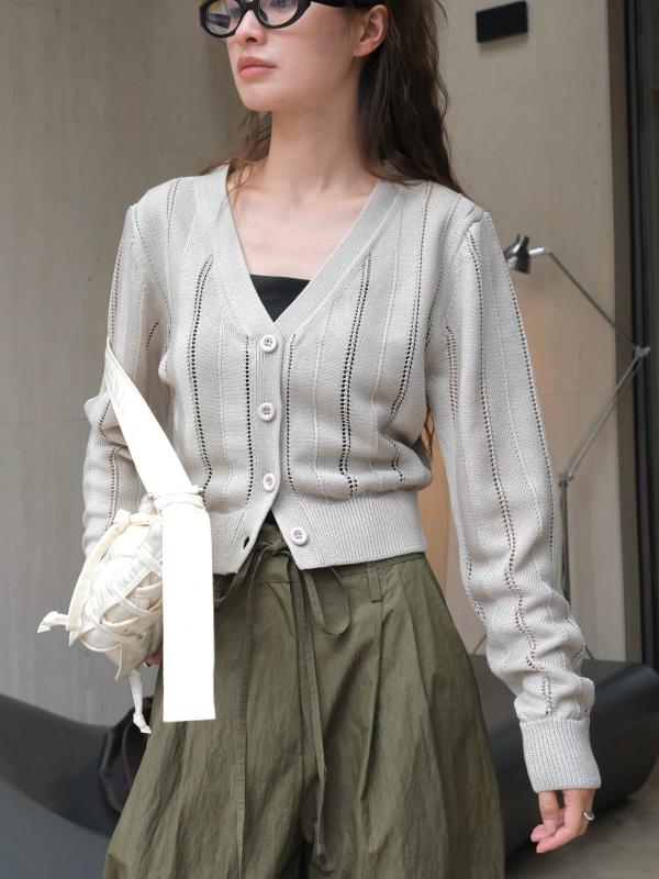 カーディガン レディース ニット Vネック トップス 羽織り 長袖 抜き襟 透かし編み 镂空 ルーズ ゆったり ラフ 伸縮性 ストレッチ カジュアル ヘルシー シック 大人 フェミニン 普段使い デイリー 秋 秋冬