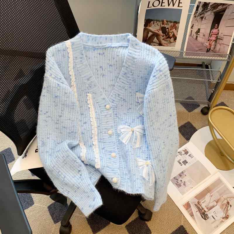 ニット カーディガン レディース 秋冬 長袖 トップス セーター 蕾 レース 蝶結び リボン ルーズ ゆったり 暖かい 羽織り アウター 前開き カジュアル フェミニン デート 通学 通勤 普段着 防寒 可愛い