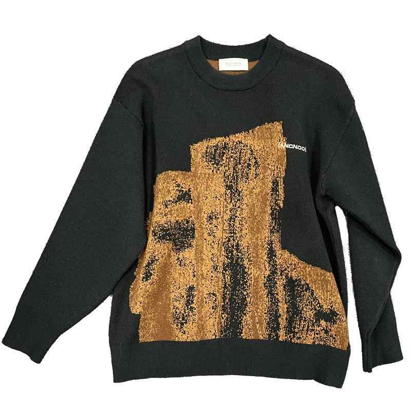 ニット セーター メンズ トレーナー トップス 切り替え プリント 丸首 クルーネック 長袖 アウター ジャケット ルーズ ゆったり カジュアル ストリート プルオーバー ファッション