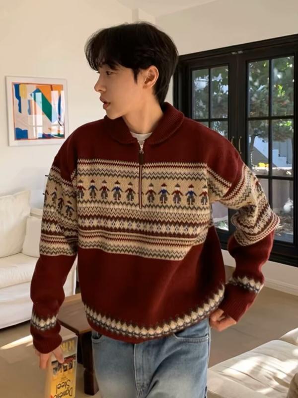 ・カテゴリ: ニット・スタイル: スクール・シルエット: ルーズフィット・ネックライン: ハーフオープンカラー・袖丈: 長袖・生地の厚さ: 極厚・デザイン詳細: ワッペン・素材: ポリエステル90%-95%・着用シーン: カジュアル・対象: メンズ・カラー展開: ブラウン、レッド・サイズ展開: M、L、XL、2XL