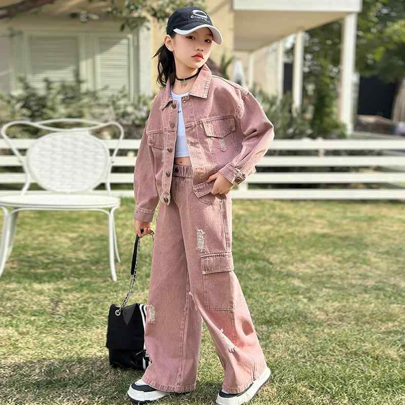 セットアップ 女の子 ジュニア ガールズ デニム ジャケット アウター ワイドパンツ 長ズボン 長袖 ジーパン 上下セット 2点セット 春秋 キッズ 子供服 洋風 お出かけ 通学 カジュアル おしゃれ かわいい