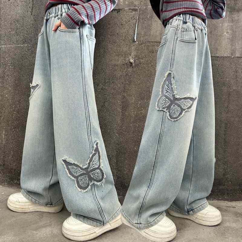 ジーンズ 女の子 キッズ ジュニア 子供服 デニムパンツ ジーパン 長裤 ロングパンツ 裏起毛 秋冬 アップリケ 蝶 ボトムス ワイドパンツ ズボン ウエストゴム カジュアル 通学 通園 ブルー 青