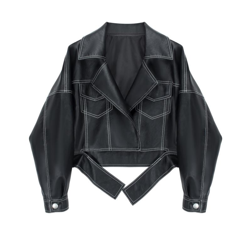 ジャケット レディース ライダースジャケット レザージャケット 皮ジャン 革ジャン アウター 上着 ショート丈 襟付き ジッパー 異素材 切り替え 羽織り 長袖 ルーズ シルエット クール カジュアル ライダース バイカー 無地 春