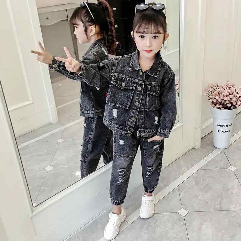 セットアップ 女の子 キッズ 子供 ジュニア デニム ジャケット 長袖 長ズボン ロングパンツ 2点セット アウター ジーンズ 上下セット カジュアル 通学 小学生 春秋 おしゃれ お出かけ ブルー