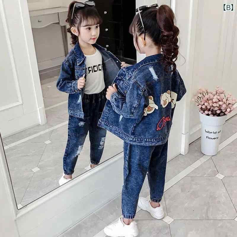 GRATIQUE MIEIのセットアップ 女の子 キッズ 子供 ジュニア デニム ジャケット 長袖 長ズボン ロングパンツ 2点セット アウター ジーンズ 上下セット カジュアル 通学 小学生 春秋 おしゃれ お出かけ ブルー｜アングル3