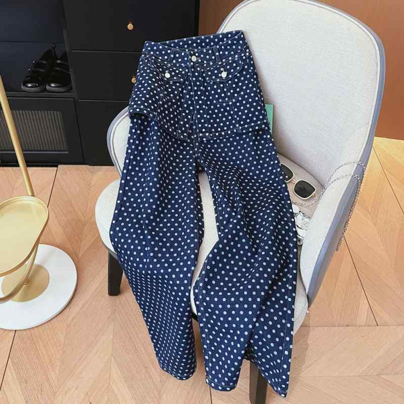 パンツスーツ レディース セットアップ 2点セット ボトムス パンツ ズボン ドット柄 水玉 ハイウエスト 直筒 ルーズ 体型カバー 細見え ジーパン デニム ロングパンツ ボトム カジュアル 旅行 普段着 お出かけ