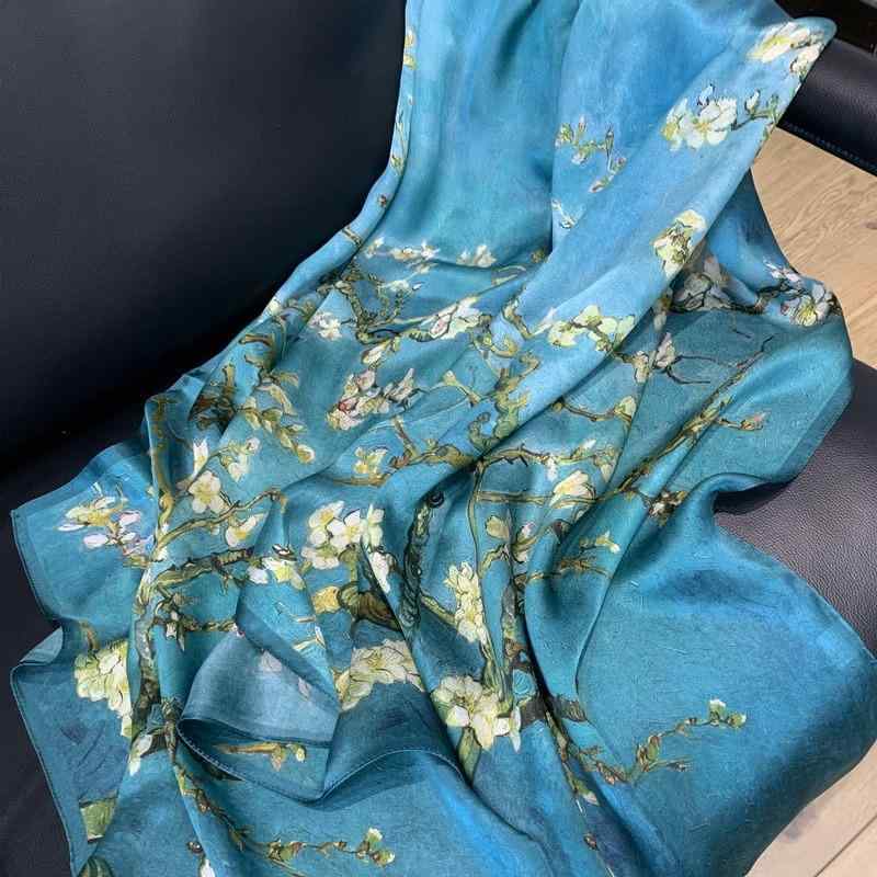 スカーフ レディース シルク 桑蚕糸 ジョーゼット ロング ショール ストール マフラー 油絵 杏 花柄 木 芸術 アート 大判 薄手 軽量 紫外線対策 日よけ 首元 防寒 寒さ対策 上品 エレガント 贈り物 ギフト