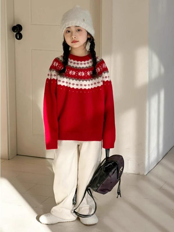 ・カテゴリ: 子供用セーター・対象性別: 女性・スタイル: 韓国風・生地加工: 柔軟加工・対象年齢: 中大童（8歳以上、身長140cm以上）・毛糸の太さ: 普通・厚み: 普通・袖丈: 長袖・ネックライン: クルーネック・フード: フードなし・柄: ボーダー、漫画、抽象・デザイン要素: ボーダー、田園風、可愛い、プリンセス、トレンド・主な素材: アクリル・安全基準: B類・カラー展開: レッド（セーター）、オフホワイト（裏起毛デニムパンツ）・サイズ展開: 110cm、120cm、130cm、140cm、150cm、160cm