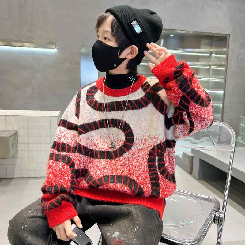 セーター キッズ 男の子 ニット トップス 子供 プルオーバー 長袖 秋冬 厚手 防寒 暖かい 伸縮性 ラウンドネック クルーネック カジュアル 通園 通学 普段使い 普段着 お出かけ レッド 赤
