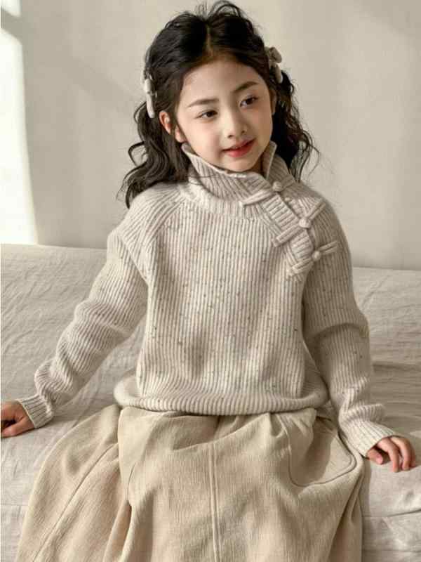 ・性別: 女・スタイル: カジュアル・対象年齢: 中大童（8歳以上、140cm以上）・毛糸の太さ: 普通・厚み: 普通・袖丈: 長袖・ネックライン: ハイネック・柄: 無地・デザイン: 田園風、可愛い、プリンセス風、トレンド・素材: アクリル・カラー展開: 花白色・サイズ展開: 110cm、120cm、130cm、140cm、150cm、160cm・カテゴリ: 子供用セーター