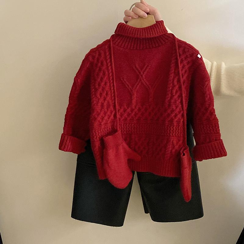 ・カテゴリ: キッズセットアップ・対象性別: 女の子・スタイル: 韓国風・セット内容: トップス、パンツ（2点セット）・対象年齢: 3〜8歳・袖丈: 長袖・パンツ丈: 長ズボン・厚さ: 極厚・柄: 無地・生地: ニット・主な素材: アクリル 85%・安全基準: B類・留め具の種類: プルオーバー・カラー展開: トップス（手袋付き）、レザーパンツ・サイズ展開: 100cm、110cm、120cm、130cm、140cm