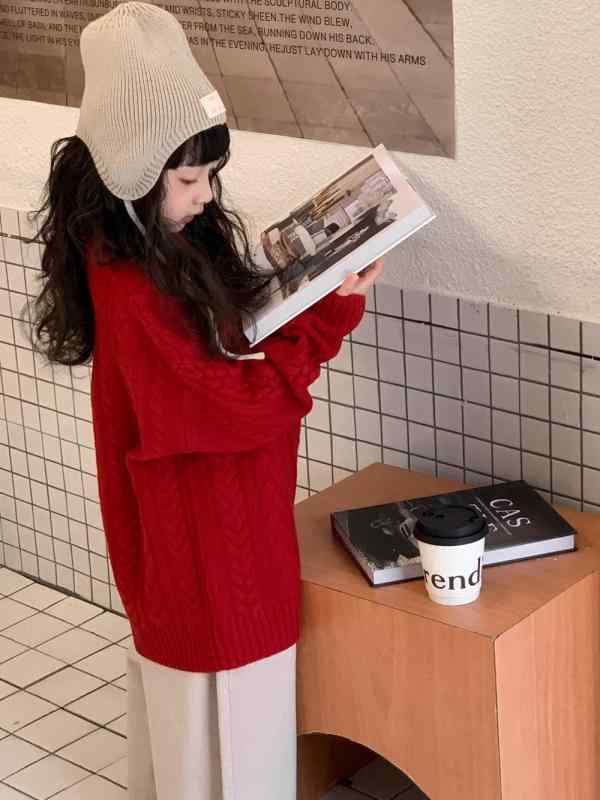 セーター ニット 女の子 キッズ 子供 子ども 秋服 長袖 プルオーバー トップス トップス 暖かい あったか 防寒 カジュアル 通学 通園 お出かけ レッド 赤 新年 お正月 お祝い 喜慶