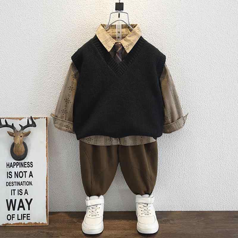セットアップ 男の子 秋服 キッズ 子供 長袖 ニットベスト 毛衣 马甲 レトロ 花柄シャツ 灯籠パンツ ロングパンツ 3点セット