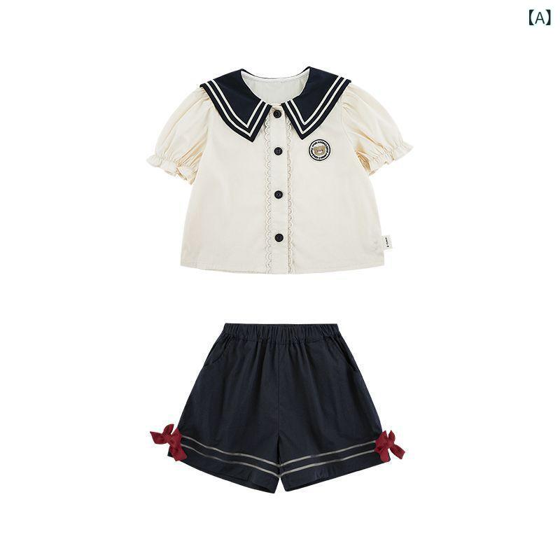 ・カテゴリ: 子供服セット・性別: 女の子・スタイル: スクール風・セット内容: トップス、パンツの2点セット・対象年齢: 3〜8歳（身長100〜140cm）・袖丈: 半袖・パンツ丈: ショートパンツ・厚さ: 薄手・柄: チェック・主な素材: 綿100%・安全基準: Aクラス・カラー展開: ネイビー・サイズ展開: 80、90、100、110、120、130、140