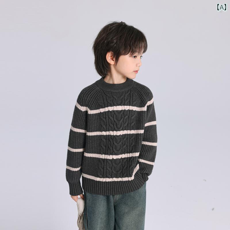・性別: 男児・生地加工: 柔軟加工・スタイル: 韓国風・対象年齢: 中小童（3～8歳、100～140cm）・毛糸の太さ: 普通・厚さ: 普通・袖丈: 長袖・ネックライン: クルーネック・柄: ボーダー・デザイン特徴: ボーダー、配色、トレンド・主な素材: ビスコースレーヨン51%・安全基準: B類・フード: フードなし・カラー展開: グレーアプリコットボーダー・サイズ展開: 身高約110cm、身高約120cm、身高約130cm、身高約140cm、身高約150cm、身高約160cm・カテゴリ: 子ども用セーター