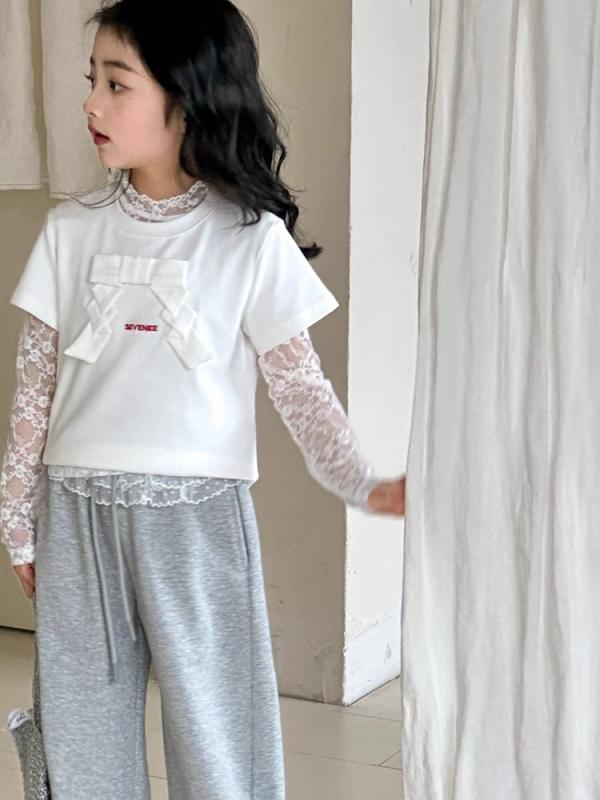 Tシャツ 女児 半袖 カットソー レース 2点セット トップス プルオーバー ガールズ 子供服 キッズ 幼児 通園 通学 デイリー 普段使い カジュアル 丸首 ラウンドネック レイヤード 重ね着風 春夏