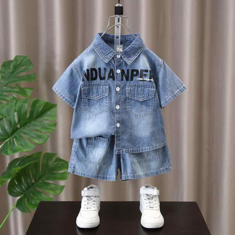 シャツ セットアップ キッズ 男の子 子供用 半袖 デニムパンツ ジーパン ハーフパンツ 短パン 半ズボン 上下セット 2点セット 春夏 トップス ボトムス カジュアル 普段使い お出かけ おしゃれ かわいい
