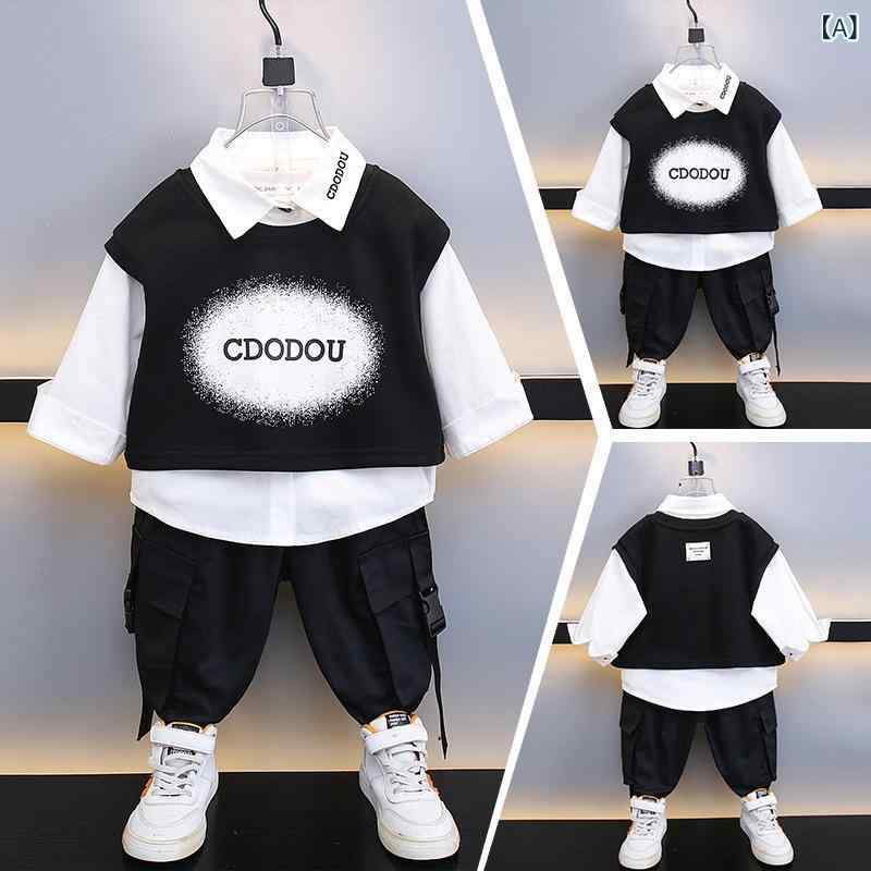 ・カテゴリ: 子供服セット・性別: 男児・スタイル: 韓国風・セット内容: ニットベスト、長袖トップス、長パンツの3点セット・対象年齢: 中小童（3〜8歳、100〜140cm）・袖丈: 長袖・フード: なし（フードなし）・パンツ丈: 長ズボン・生地加工: ソフト加工・素材: 綿混紡・主な素材: 綿・安全基準: B類・留め具の種類: プルオーバー・カラー展開: ブラック3点セット・サイズ展開: 90cm、100cm、110cm、120cm、130cm、140cm、150cm