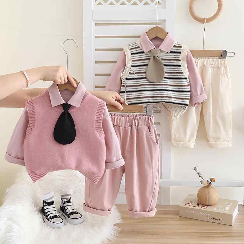 セットアップ キッズ 男の子 ニット ベスト 長袖 シャツ 長ズボン 3点セット ベビー 子供服 幼児 トドラー カジュアル 普段使い お出かけ 通園 通学 韓国風 おしゃれ かっこいい 春 秋