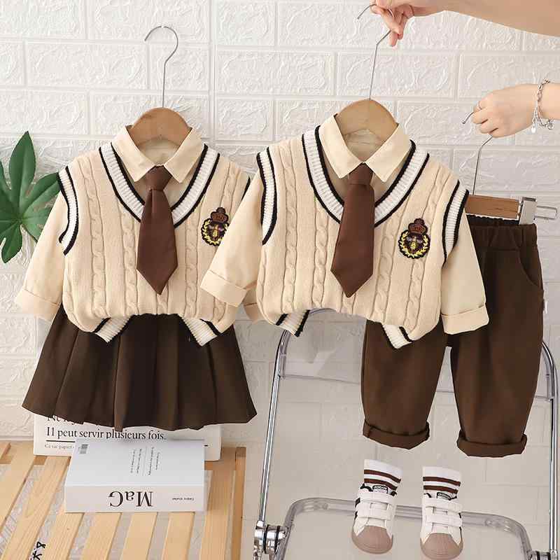 セットアップ キッズ 男の子 女の子 長袖 シャツ ニット ベスト ネクタイ 3点セット 上下セット トップス ボトムス パンツ 学院風 スクール ジュニア ベビー服 子供服 普段着 通学 通園 お呼ばれ 発表会 春秋 おしゃれ カジュアル