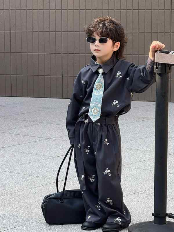 シャツ セットアップ キッズ 男の子 子供服 长ズボン ロングパンツ 春秋 花柄 刺繍 ゆったり トップス ボトムス 上下セット カジュアル ウエア 部屋着 普段着 お出かけ
