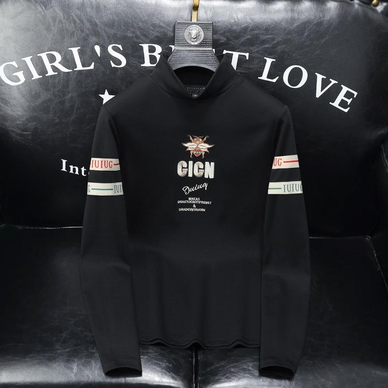 Tシャツ メンズ 長袖 インナーシャツ カットソー ハイネック ボトルネック トップス プルオーバー ダブルフェイス起毛 防寒 保温 暖かい 刺繍 厚手 大きいサイズ ゆったり カジュアル 部屋着 普段使い 秋冬