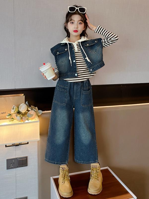 ・カテゴリ: キッズ3点セット・性別: 女の子用・スタイル: 韓国風・セット内容: ジャケット、パンツ、インナー・袖丈: 五分袖・フード: フードなし・パンツ丈: 長ズボン・生地加工: 酵素洗い・厚さ: 普通・柄: 無地、ストライプ・生地: デニム・主な素材: ポリエチレン繊維85%・開閉仕様: プルオーバー・カラー展開: ブルー・サイズ展開: 120cm、130cm、140cm、150cm、160cm、170cm