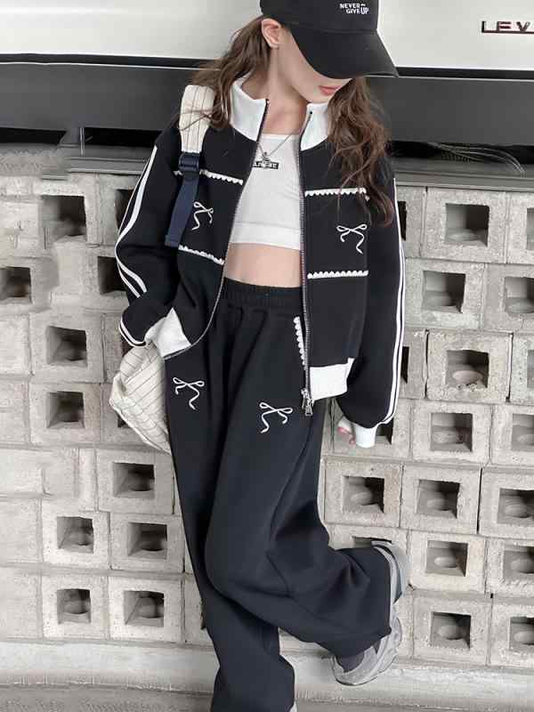 セットアップ 女の子 キッズ 子ども服 秋 長袖 ダブルジップ ファスナー リボン フードなし トップス ロングパンツ ズボン 上下セット カジュアル 韓国風 おしゃれ かわいい