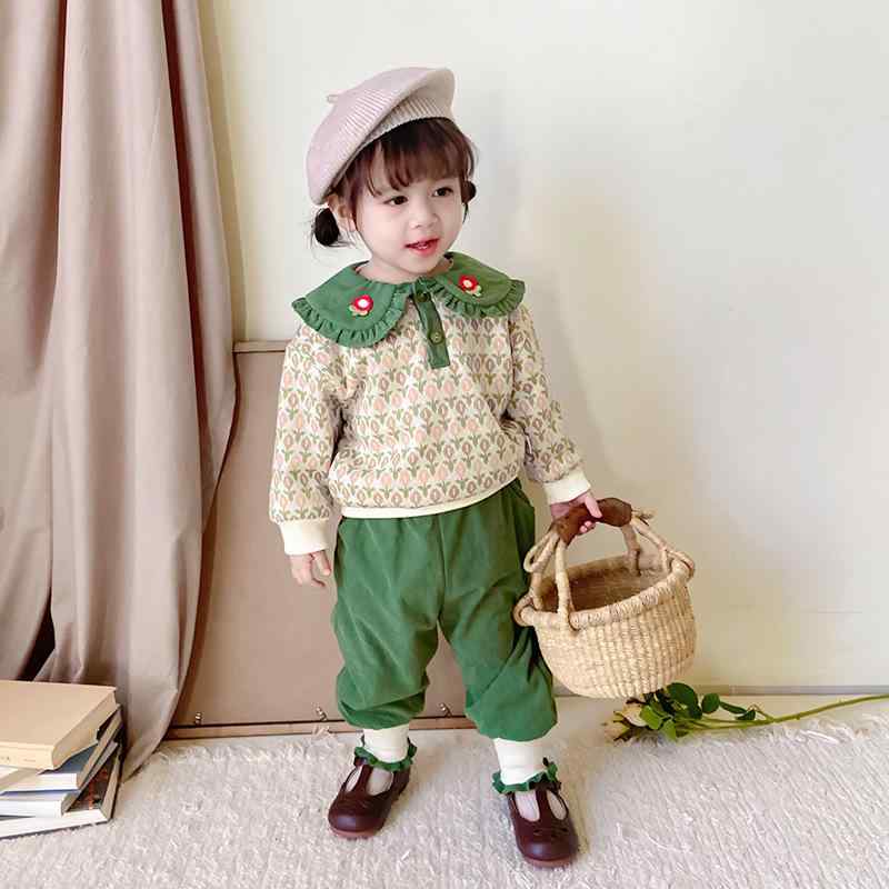 セットアップ キッズ 女の子 子供服 長袖 スウェット トレーナー ロングパンツ ズボン 上下セット 2点セット 裏起毛 保温 防寒 暖かい 花柄 フラワー グリーン カジュアル 普段使い 通学 通園 外遊び 秋冬