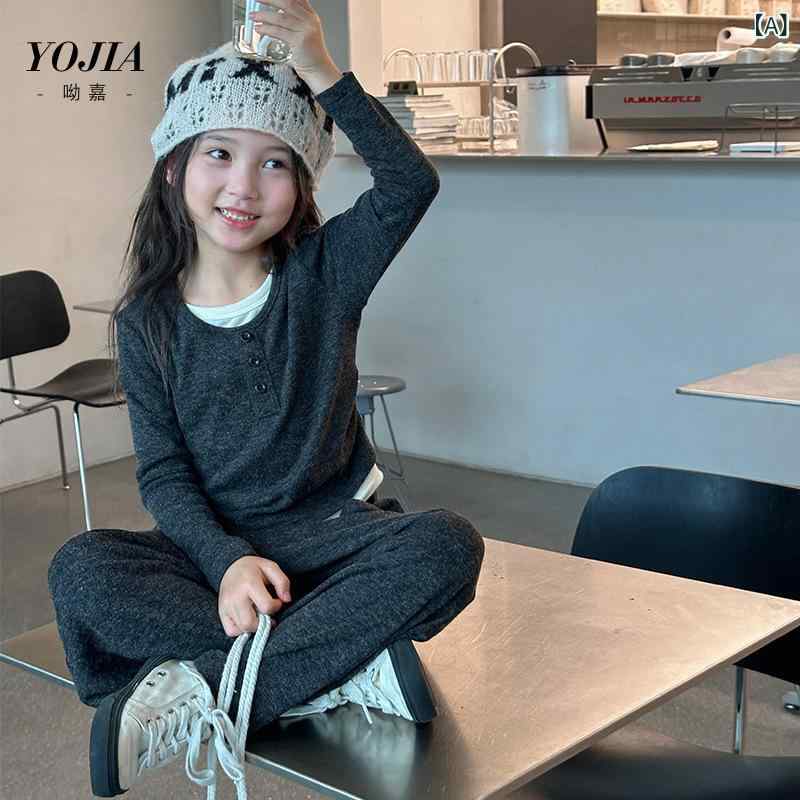 セットアップ 女の子 キッズ 子ども 子供服 ジュニア ガールズ 假両件 長袖 トップス カットソー パンツ ズボン ロングパンツ 上下セット 2点セット 秋 春秋 カジュアル かわいい おしゃれ 通学 通園 お出かけ 普段着 動きやすい