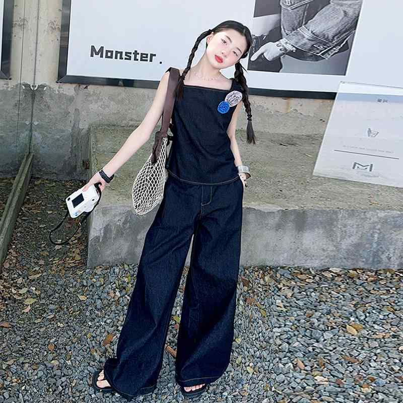 ・カテゴリ: 子供用セットアップ・対象性別: 女の子・スタイル: 韓国風・セット内容: トップス、パンツの2点セット・対象年齢: 8歳以上、身長140cm以上・袖丈: ノースリーブ・パンツ丈: ロングパンツ・厚さ: 薄手・柄: 無地・素材: 綿混紡（アセテート繊維80%）・安全基準: B類・着用タイプ: プルオーバー・カラー: ブルー・対応身長: 120cm、130cm、140cm、150cm、160cm、170cm