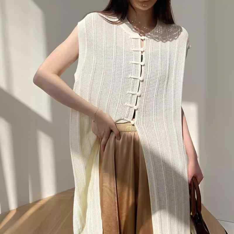 ・カテゴリ: 马甲/背心・スタイル: 通勤風・丈: 中長丈（約65cm超〜80cm以下）・ネックライン: クルーネック・柄: 幾何学柄・流行要素: ダメージ加工・素材: 綿麻・主な素材の含有量: 30%以下・カラー展開: ホワイト（ロング丈）、ブラック（ロング丈）・サイズ展開: フリーサイズ・シルエット: ルーズフィット・対象: レディース
