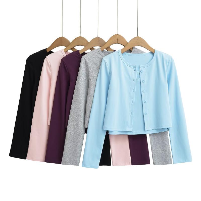 ・カテゴリ: Tシャツ・セット内容: 2点セット・主な素材: 再生繊維、スパンデックス・柄: 無地・袖丈: 長袖・フィット感: スリムフィット・着丈: ショート丈（約40cm超50cm以下）・ネックライン: Uネック・袖型: レギュラースリーブ・デザイン: 異素材切り替え・カラー展開: ブラック、グレー、ピンク、パープル、ブルー・サイズ展開: S、M、L・スタイル: コンサバ、フェミニン