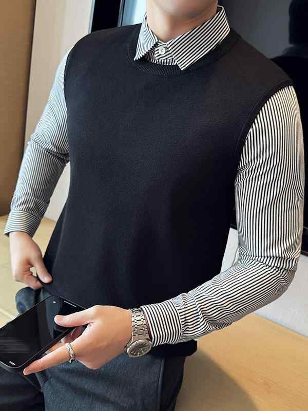 ・カテゴリ: 針織衫・スタイル: カジュアル・ネックライン: シャツカラー・袖丈: 長袖・厚み: 普通・デザイン詳細: バイカラー・素材: レーヨン70%・着用シーン: 日常・カラー展開: ブラック、グレー、裏起毛ブラック、裏起毛グレー・サイズ展開: M（50-60kg）、L（60-65kg）、XL（67.5-72.5kg）、2XL（75-80kg）、3XL（80-85kg）、4XL（85-90kg）・対象性別: 男性