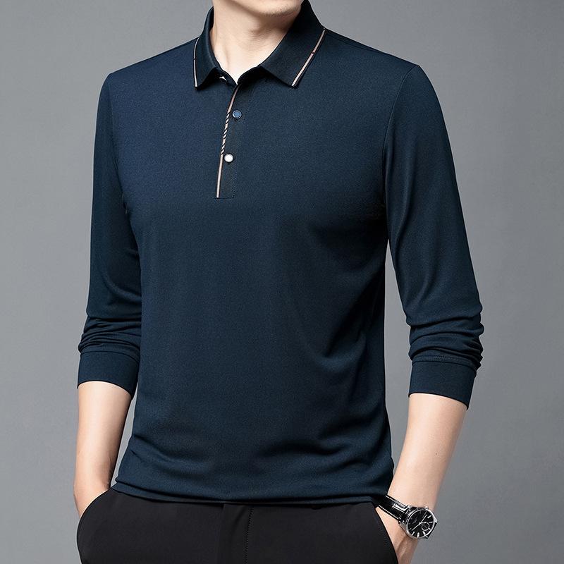 ・カテゴリ: Tシャツ・スタイル: 韓国風・主な素材: シルク（桑蚕糸）96%以上・柄: 無地・シルエット: レギュラーフィット・ターゲット: 中年、大人・デザイン: プルオーバー・ネックライン: ポロカラー（襟付き）・袖丈: 長袖・生地の厚さ: 普通・測定誤差: 約2cm・着用シーン: カジュアル・デザイン詳細: ステッチ・プリントテーマ: 環境保護・加工: ノーアイロン加工・カラー展開: ブルー、ダークブルー、グリーン、キャメル、グレー、カーキ、ブラック、ホワイト・サイズ展開: 165/48/M、170/50/L、175/52/XL、180/54/2XL、185/56/3XL、190/58/4XL・袖の種類: レギュラースリーブ・重量: 180g以上〜250g未満・機能性: 通気性、防水、防シワ、防汚、吸湿速乾・性別: メンズ