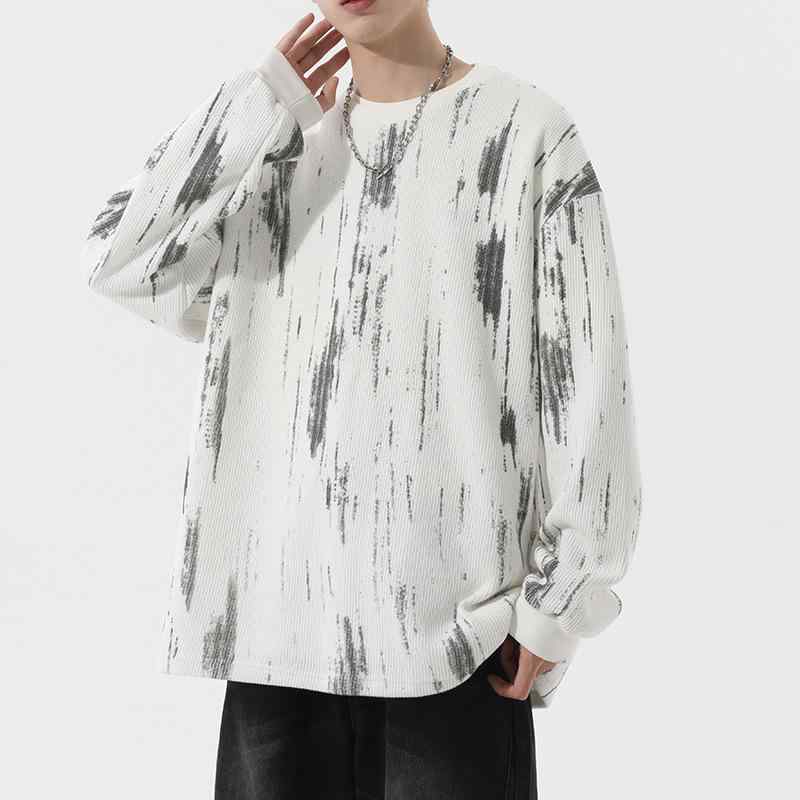 ・カテゴリ: Tシャツ・スタイル: 韓国風・主な素材: 綿混紡（綿51%-70%）・柄: 散らし花柄、プリント・シルエット: ルーズフィット・対象: 青少年、成人男性・ネックライン: クルーネック・袖丈: 長袖・生地の厚さ: 普通・誤差範囲: 1-3cm・着用シーン: カジュアル・デザイン詳細: プリント・プリントテーマ: ユニーク・カラー展開: ホワイト、ブラック・サイズ展開: M、L、XL、2XL、3XL・重量: 約250g-300g・機能性: 通気性
