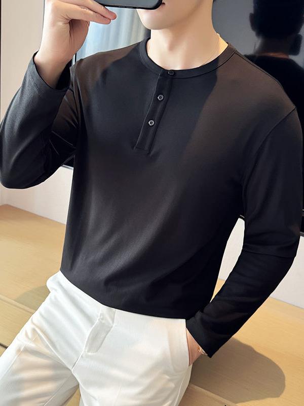 ・スタイル: 韓国風・主な素材: ビスコース、化学繊維混紡・柄: 無地・シルエット: スリムフィット・対象: メンズ・スタイルカテゴリ: 青春カジュアル（18-24歳）・着用タイプ: プルオーバー・ネックライン: クルーネック・袖丈: 長袖・フード: フードなし・生地の厚さ: 普通・誤差範囲: 1-3cm・素材比率: ビスコース31%-50%・着用シーン: 日常・デザイン詳細: 装飾ステッチ・プリントテーマ: シティ風・加工技術: ノーアイロン加工・カラー展開: ホワイト、ブラック、グレー、ネイビー、コーヒーブラウン・サイズ展開: M（52.5-60kg）、L（60-70kg）、XL（70-77.5kg）、2XL（77.5-85kg）、3XL（85-95kg）、4XL（95-105kg）・カテゴリ: Tシャツ・袖型: レギュラースリーブ・生地の重量: 180g-250g・素材機能: 通気性
