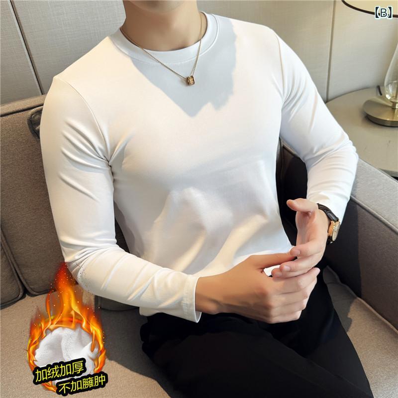 GRATIQUE MIEIのTシャツ メンズ 男性用 長袖 インナー 裏起毛 トップス 丸首 ラウンドネック 無地 暖かい 防寒 伸縮性 ストレッチ タイト フィット 肌着 アンダーウェア カジュアル シンプル 秋冬 ホワイト グレー ブラック｜アングル2