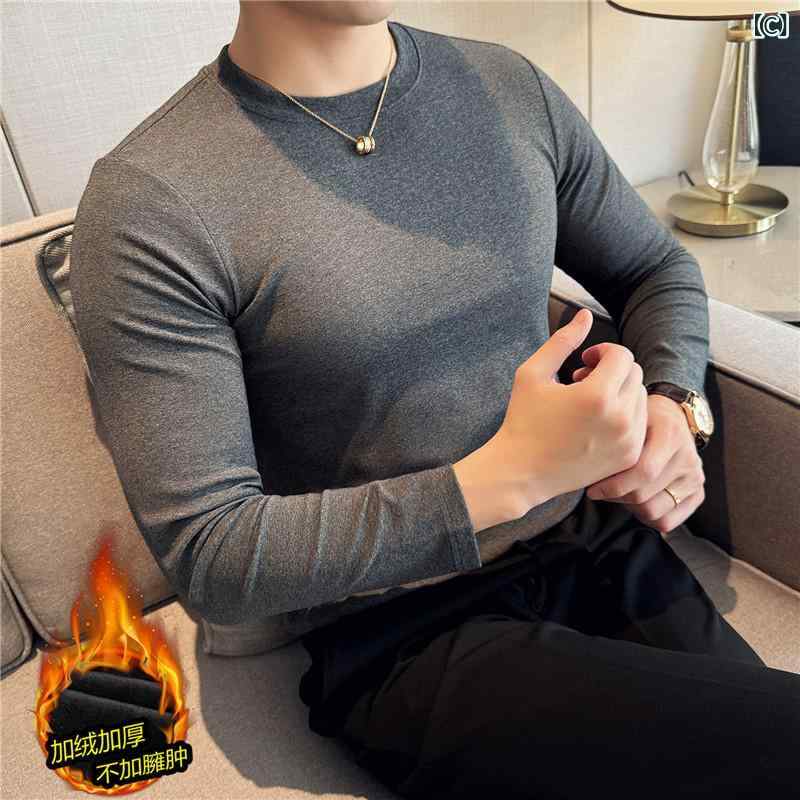 GRATIQUE MIEIのTシャツ メンズ 男性用 長袖 インナー 裏起毛 トップス 丸首 ラウンドネック 無地 暖かい 防寒 伸縮性 ストレッチ タイト フィット 肌着 アンダーウェア カジュアル シンプル 秋冬 ホワイト グレー ブラック｜アングル3