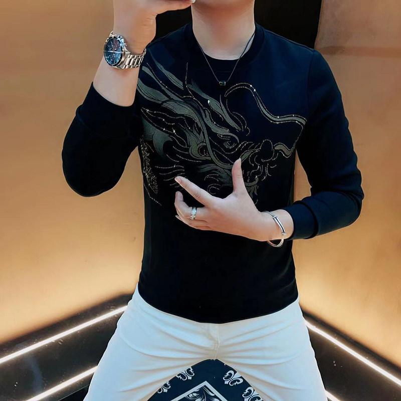 tシャツ メンズ 長袖 秋 カットソー トップス インナー プルオーバー トレーナー ロングtシャツ ロンt 派手 ストリート キラキラ ラインストーン 高級感 カジュアル 普段使い 男子 男性用 おしゃれ かっこいい ブラック