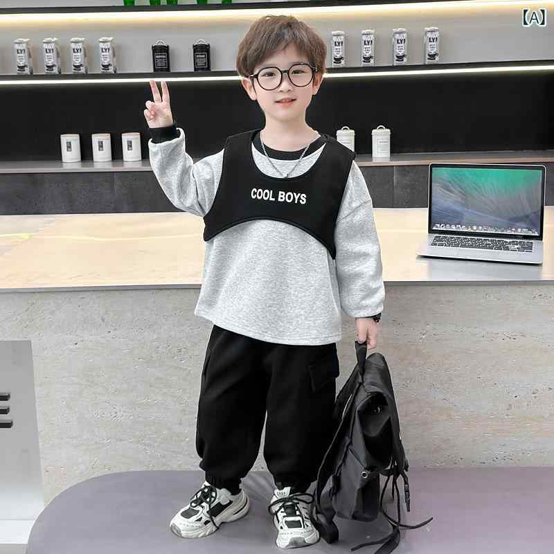・カテゴリ: 子供用セットアップ・対象性別: 男女兼用・スタイル: 韓国風・セット内容: トップス、パンツの2点セット・対象年齢: 中小童（3〜8歳、100〜140cm）・袖丈: 長袖・パンツ丈: 長ズボン・生地加工: 柔軟加工・厚さ: 普通・柄: 無地・主な素材: 綿50%・安全基準: B類・留め具の種類: プルオーバー・カラー: ブラック・対応身長: 90cm、100cm、110cm、120cm、130cm、140cm、150cm
