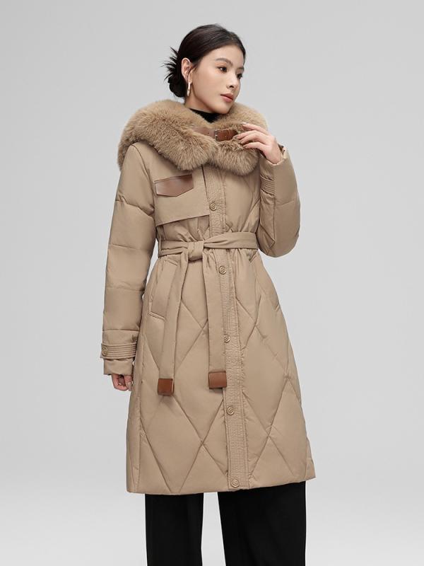 ・カテゴリ: 羽绒服・中綿: 白ダックダウン・ダウン含有量: 56%〜60%・厚さ: 厚手・素材: ポリエステル・シルエット: スリムフィット・ネックライン: フード付き・ファー襟: あり・ファー取り外し: 不可・着丈: ミドル丈・袖丈: 長袖・トレンド要素: ポケット・カラー展開: ブラック、キャメル・サイズ展開: M、L、XL、XXL、XXXL・スタイル: 通勤風、快適カジュアル・対象: 成人女性・袖の種類: レギュラースリーブ・羽毛充填量: 51g〜100g